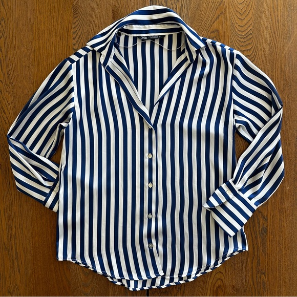 Zara Tops - Zara Blue and White Striped Satin Effect Button Up Down Shirt Summer Casual